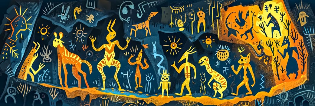 mural of cave art depicting various abstract and mythical creatures, human figures, and symbols in a vibrant array of orange, yellow, and blue hues