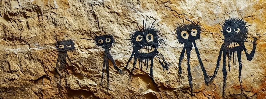 A striking piece of modern cave art depicting a series of black figures with white eyes, seemingly dancing or moving energetically, painted on an uneven rock surface