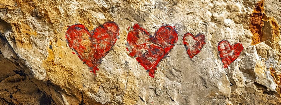 A series of red painted hearts on a natural stone wall, each varying in size, with a rough texture that gives a primitive and rustic charm to the symbols of love
