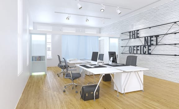 Modern office interior with white walls, wooden floor, rows of computer tables and chairs. 3d rendering mock up