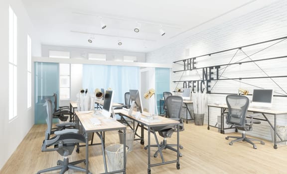 Modern office interior with white walls, wooden floor, rows of computer tables and chairs. 3d rendering mock up