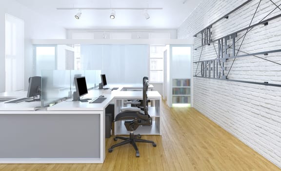 Modern office interior with white walls, wooden floor, rows of computer tables and chairs. 3d rendering mock up