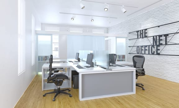 Modern office interior with white walls, wooden floor, rows of computer tables and chairs. 3d rendering mock up