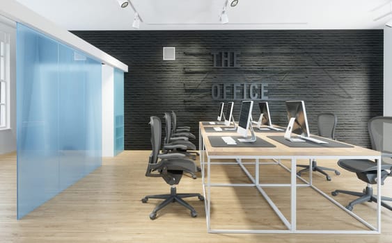 3D Illustration of a modern office interior design. Workplace
