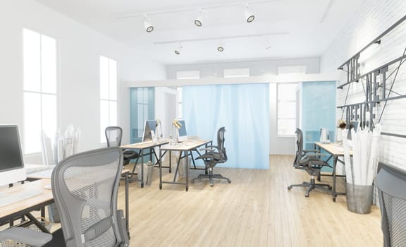 Modern office interior with white walls, wooden floor, rows of computer tables and chairs. 3d rendering mock up