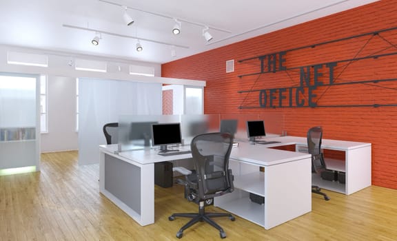 3D Illustration of a modern office interior design. Workplace