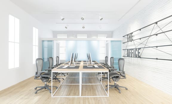 Modern office interior with white walls, wooden floor, rows of computer tables and chairs. 3d rendering mock up