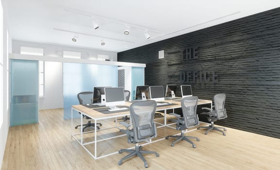 3D Illustration of a modern office interior design. Workplace