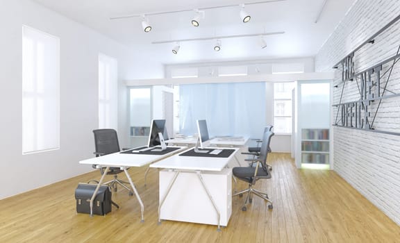 Modern office interior with white walls, wooden floor, rows of computer tables and chairs. 3d rendering mock up