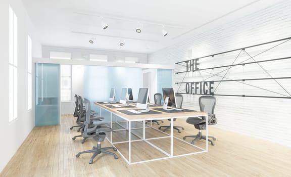 Modern office interior with white walls, wooden floor, rows of computer tables and chairs. 3d rendering mock up