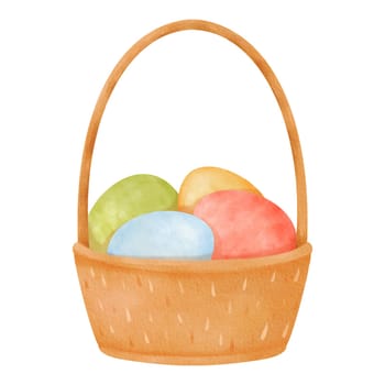 Cartoon-style wooden basket with a tall handle. Woven crate filled with colorful Easter eggs. Dyed chicken eggs symbolizing spring. Eco-friendly product. Watercolor isolated illustration.