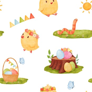 charming watercolor pattern, cartoon style, Easter-themed elements like chicks, egg baskets, garlands, butterflies, greenery, and a tree stump with vibrant eggs. for fabric design, and festive decor.