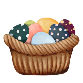 Woven basket filled with colorful Easter eggs. Eggs of various hues adorned with floral decorations. Watercolor illustration capturing the festive spirit, ideal for conveying the joy of Easter.