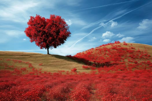 red tree of love in red flower field pragma