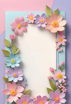 Cherry blossom frame on pastel background with space for text. Sakura.Paper art of Cherry blossom with frame on pastel background.Paper cut style.Spring background with sakura flowers and leaves. Vector paper illustration.3d rendering.Spring flowers frame with copy space for your text. Pastel colors.Minimal style.İnvitation and celebrations.