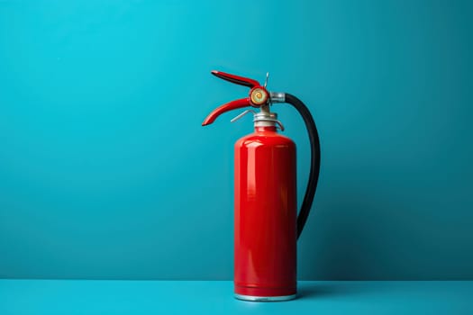 A red fire extinguisher stands on a blue background, space for text.