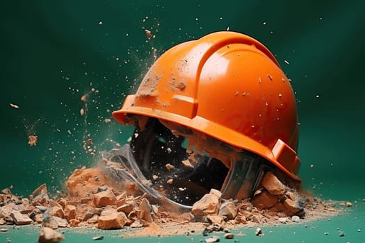 A whole orange helmet in broken bricks on a green background. Industrial safety concept.