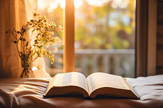 An open book on a bed with a natural bokeh background. Relaxation concept.