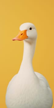 Graceful Bird: A Beautiful Isolated White Goose with Fluffy Feathers, Playfully Standing on Green Grass near Water, Gazing Curiously with Cute Orange Beak and Bright Yellow Eyes.