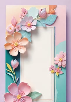 Cherry blossom frame on pastel background with space for text. Sakura.Paper art of Cherry blossom with frame on pastel background.Paper cut style.Spring background with sakura flowers and leaves. Vector paper illustration.3d rendering.Spring flowers frame with copy space for your text. Pastel colors.Minimal style.İnvitation and celebrations.