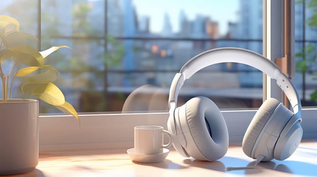 Modern Technology: A Musical Soundscape on a White Background with a Wooden Table, Digital Devices, and Headphones