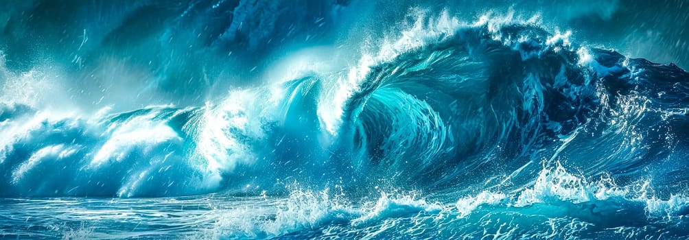 Majestic large ocean wave cresting with power and spray, a dynamic force of nature captured in blue tones
