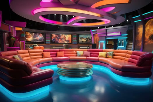 Modern Luxury Interior: Bright Cinema, Empty Theatre with Comfortable Leather Seats, Glowing Projection and Relaxing Background