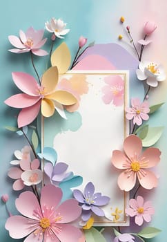 Cherry blossom frame on pastel background with space for text. Sakura.Paper art of Cherry blossom with frame on pastel background.Paper cut style.Spring background with sakura flowers and leaves. Vector paper illustration.3d rendering.Spring flowers frame with copy space for your text. Pastel colors.Minimal style.İnvitation and celebrations.