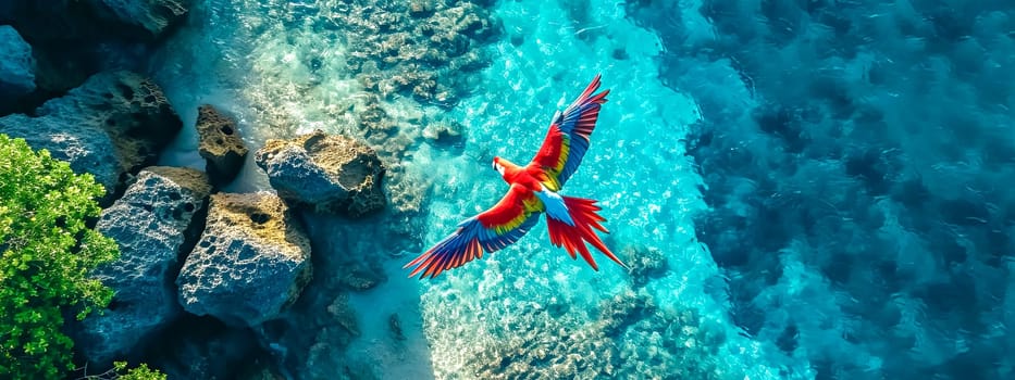 Aerial view of a vividly colored parrot flying over a tropical landscape with crystal clear waters and lush greenery