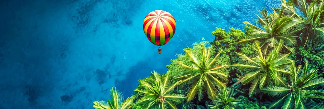 Aerial view of a colorful hot air balloon over a lush tropical forest, symbolizing adventure and exploration