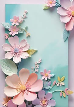 Cherry blossom frame on pastel background with space for text. Sakura.Paper art of Cherry blossom with frame on pastel background.Paper cut style.Spring background with sakura flowers and leaves. Vector paper illustration.3d rendering.Spring flowers frame with copy space for your text. Pastel colors.Minimal style.İnvitation and celebrations.