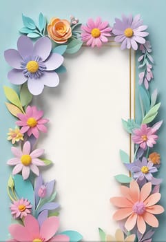 Cherry blossom frame on pastel background with space for text. Sakura.Paper art of Cherry blossom with frame on pastel background.Paper cut style.Spring background with sakura flowers and leaves. Vector paper illustration.3d rendering.Spring flowers frame with copy space for your text. Pastel colors.Minimal style.İnvitation and celebrations.