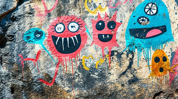 colorful graffiti of whimsical characters painted on a rough, textured stone surface, exuding a playful and creative urban vibe