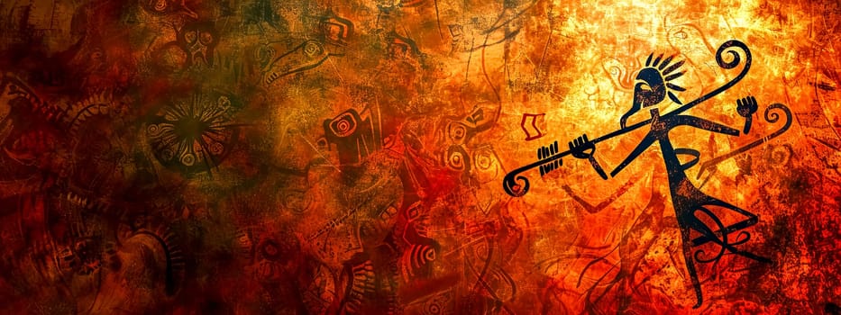 primitive style figures and symbols, reminiscent of ancient cave drawings, with a dominant figure appearing to play a musical instrument, all set against a fiery textured backdrop. copy space