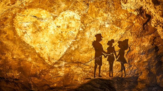 silhouette representation against a golden, textured cave wall, portraying figures in a traditional or ancient setting, possibly depicting a scene from a story or a ritual. copy space, valentine