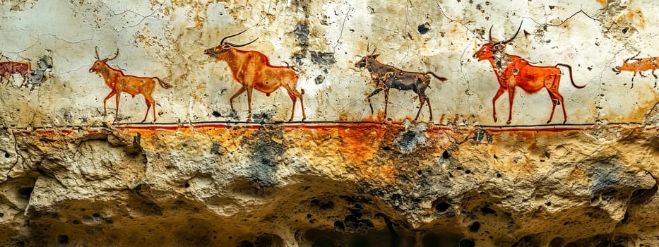 ancient-style cave paintings depicting a series of animals, possibly telling a story or representing a hunting scene, rendered on a textured wall