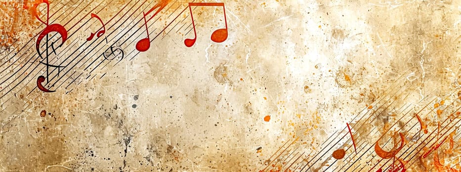creative fusion of musical notes and staff lines superimposed on an aged, textured background, giving the impression of music frozen in time or an ancient musical manuscript, copy space