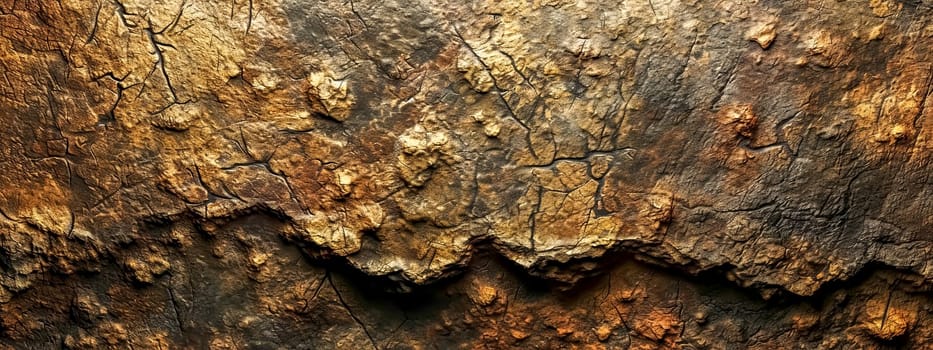 natural beauty and complexity of a rock surface, highlighted by the warm, golden lighting that accentuates its rugged texture and the deep crevices that run through it.
