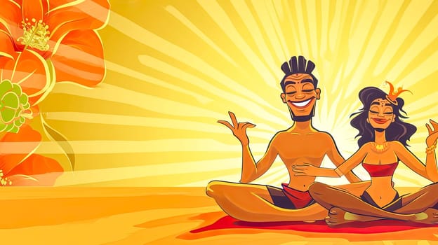 couple sitting in a lotus position, meditating with a warm, radiant sunburst in the background, and a large orange flower on the side, exuding a sense of peace, happiness, and harmony. copy space