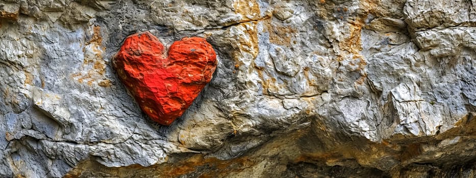 Valentine's Day, bright red heart painted on a rugged stone surface, contrasting sharply with the natural grey tones of the rock, symbolizing love or passion in a raw, natural setting, copy space