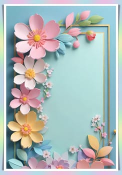 Cherry blossom frame on pastel background with space for text. Sakura.Paper art of Cherry blossom with frame on pastel background.Paper cut style.Spring background with sakura flowers and leaves. Vector paper illustration.3d rendering.Spring flowers frame with copy space for your text. Pastel colors.Minimal style.İnvitation and celebrations.