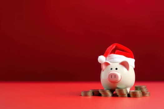 Piggy bank with Santa Claus hat and coins on festive red background. Generative AI.