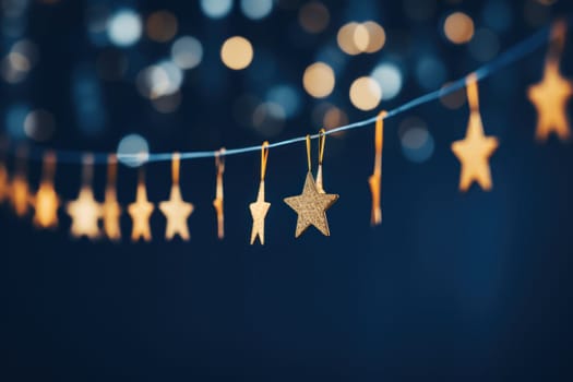 Closeup Gold stars light hanging on dark blue background. Generative AI.