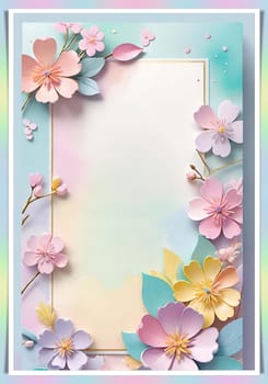 Cherry blossom frame on pastel background with space for text. Sakura.Paper art of Cherry blossom with frame on pastel background.Paper cut style.Spring background with sakura flowers and leaves. Vector paper illustration.3d rendering.Spring flowers frame with copy space for your text. Pastel colors.Minimal style.İnvitation and celebrations.