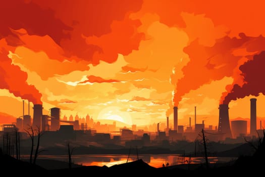 illustrations silhouette factory emit smoke Gradient orange back ground. Generative AI.