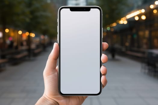 Close up hands holding a smartphone with blank. Generative AI.