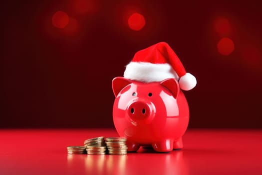 Piggy bank with Santa Claus hat and coins on festive red background. Generative AI.