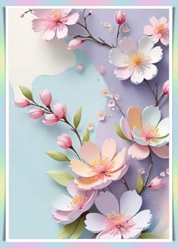 Cherry blossom frame on pastel background with space for text. Sakura.Paper art of Cherry blossom with frame on pastel background.Paper cut style.Spring background with sakura flowers and leaves. Vector paper illustration.3d rendering.Spring flowers frame with copy space for your text. Pastel colors.Minimal style.İnvitation and celebrations.