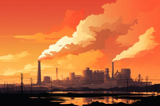 illustrations silhouette factory emit smoke Gradient orange back ground. Generative AI.