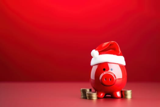 Piggy bank with Santa Claus hat and coins on festive red background. Generative AI.